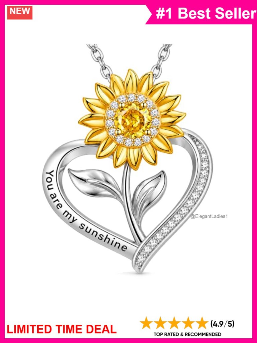 925 Sterling Silver Sunflower Pendant Necklace Cubic Zirconia 18 Inch